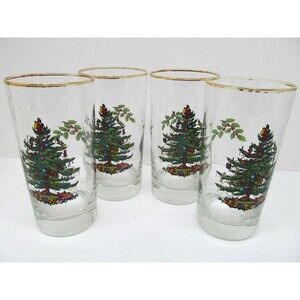 Spode Christmas Tree Highball Tumbler 5.5" Glasses Set of 4 Gold Rim